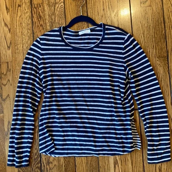 A.L.C. Combo Navy Stripe Open Back Tee Shirt Long Sleeve Linen - Picture 2 of 8